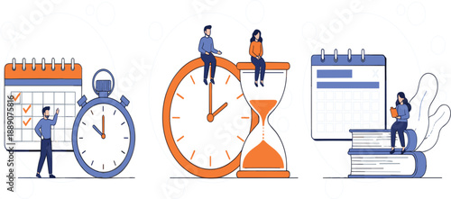 Time Management and Planning Illustration with Clock, Hourglass, Calendar, and People Representing Productivity, Scheduling, Deadlines, and Efficient Work Organization Concepts