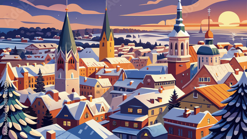 Very beautiful winter aerial panorama of Tallinn Old Town, Estonia, displays snow-covered rooftops, fortress towers, church spires, and festive charm during Christmas travel season.