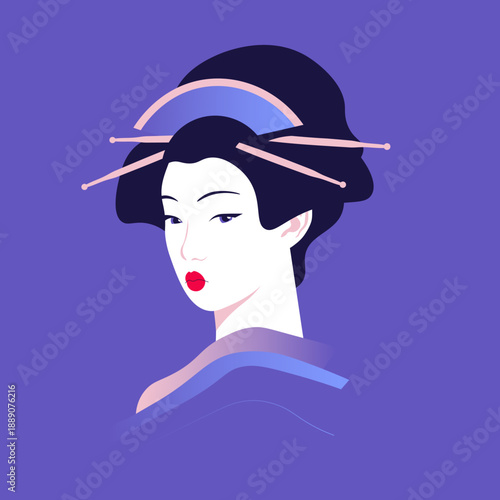 Stylized portrait of a Japanese woman, wearing a kimono,  inspired by traditional culture. Minimalist flat vector illustration with clean shapes, elegant lines, and calm contemporary aesthetic.