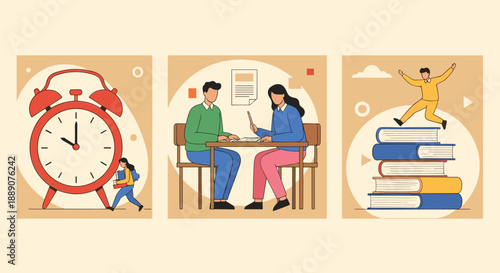 Education and Learning Process Illustration Showing Time Management, Studying Together, and Knowledge Achievement with Books, Students, Clock, and Academic Success Concept