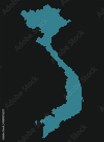 Vietnam Light Blue Point Grid Map on Black for High Tech Manufacturing and 6G. Map of Vietnam dotted style.