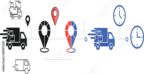 Logistics and Delivery Tracking Illustration with Trucks, Location Pins, Routes, and Time Icons Representing Shipping, Courier Services, and Supply Chain Management Concepts