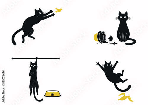 Naughty Black Cat Silhouette Set Chasing Bird and Breaking Plant Pot