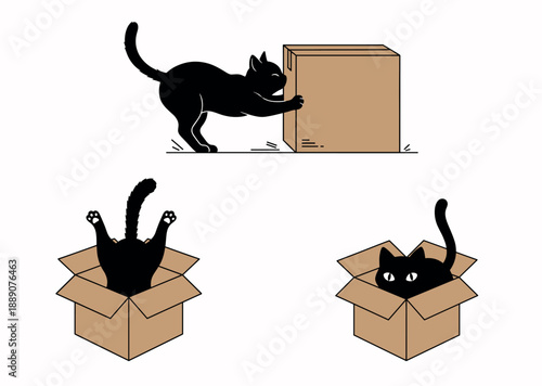 Playful Black Cat Character Set Hiding and Jumping in Cardboard Boxes