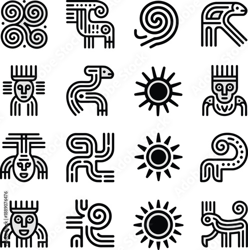 Ancient Mesoamerican Symbols Vector Icons Set - Sun, Glyphs, Spirals