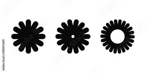 A black silhouette vector illustration of three variations of a spur rowel icon on white background Vector