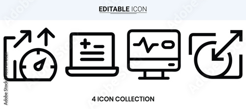 Four black line icons representing time data health and progress concepts high quality