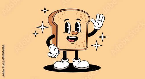 Friendly Toast Cartoon Character Waving in a Retro Animation Style on a Light Background with Stars, Perfect for Breakfast Ads, Marketing, and Food Product Designs