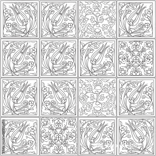 Seamless Ottoman Iznik tile pattern with hand drawn tulips and floral motifs. Traditional Turkish black and white linear vector illustration for coloring book, ceramic design, bathroom wall, or textil