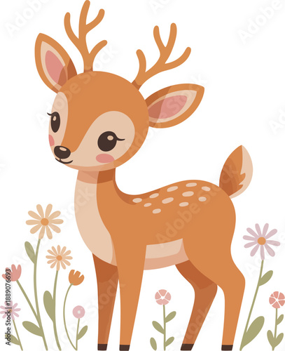 Cute Fawn Standing in Wildflowers Vector Illustration for Children