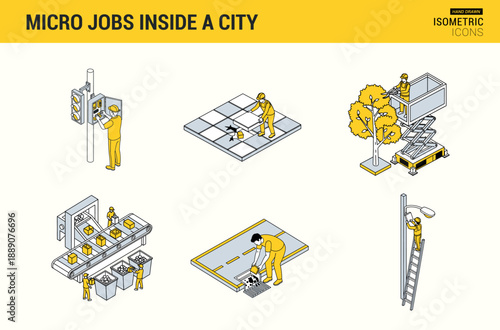 Urban Service Personnel and City Infrastructure Repair Isometric Concept