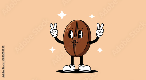 Cheerful coffee bean cartoon character giving peace sign with sparkling background embodies retro style, coffee culture, and positive vibes, perfect for café branding, marketing,.