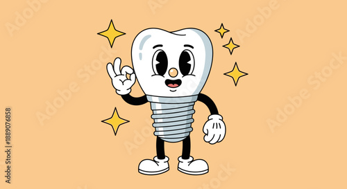 Smiling tooth implant cartoon character giving ok sign with stars celebrates successful dental procedure in retro design for healthcare marketing and patient education needs.