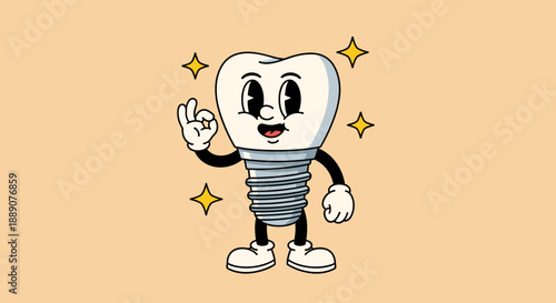 Cartoon Dental Implant Character Giving Okay Sign with Cute Face and Retro Design Sparkling on Cream Background for Healthcare, Dentistry and Oral Hygiene Awareness, Presentation