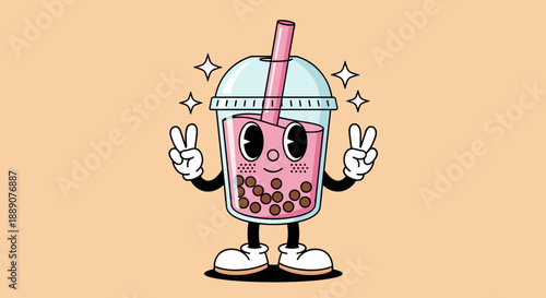 Retro Boba Tea Cartoon Character Enjoying a Break: Adorable bubble tea with a kawaii face making a peace sign, showcasing animation, beverage, deliciousness, refreshment, food, dri.