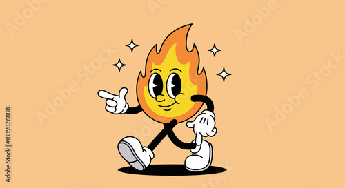Cartoon flame character pointing the way in retro vintage style, igniting marketing, advertising, and graphic design projects with fiery energy and animation for digital media camp.