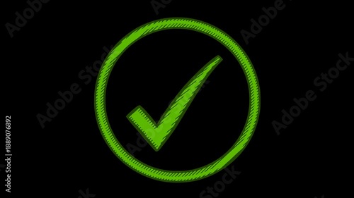 Professional hand-drawn green check mark animation with alpha channel. Organic 2D doodle style drawing process of a tick inside a circle. Transparent background for easy video overlay