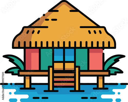 Tropical Bungalow on Stilts Over Water with Palm Leaves, Vector Illustration