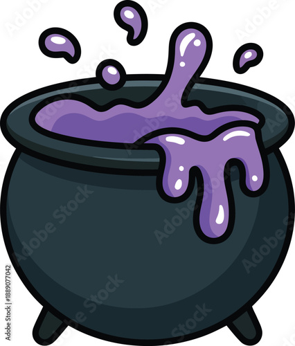 Witch's Cauldron Bubbling with Purple Potion and Splashes, Halloween Vector Art