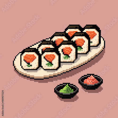 Vector pixel art illustrates sushi rolls with wasabi and ginger on a plate in a classic 8-bit/16-bit style. Sushi set featuring salmon rolls and condiments against pink background