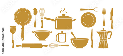 Stickers of kitchenware in a single color, designed in a flat and naive manner.  This collection includes crockery, cutlery, and kitchen tools for cooking purposes.