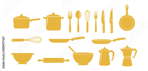 Stickers for kitchenware in a fun, flat, and naive style with multiple colors. Includes items like crockery, cutlery, and cooking equipment.

