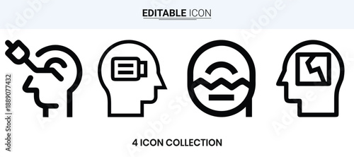 Four black and white line icons depicting various mental health concepts and head shapes