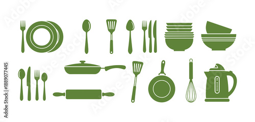 Colorful kitchenware stickers designed in a flat and simple style.  Includes crockery, cutlery, and cooking tools.  A vibrant collection of cooking items like pans, spoons, forks, and frying pans.