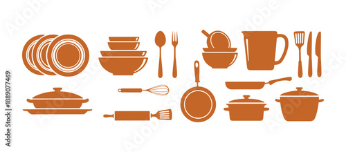 Multi-colored stickers for kitchenware featuring a flat and naive design.  Crockery, cutlery, and various kitchen tools for cooking.  A bright assortment of cooking elements such as pans, spoons.