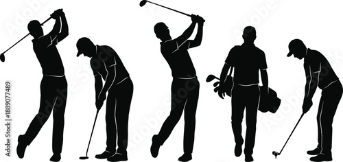 Male Golf Player Silhouette Vector Set – Golfer Swing and Putting Pose Illustration