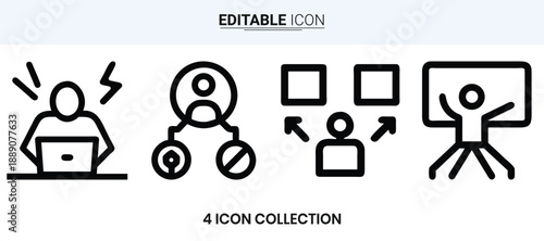 Four simple line icons representing work meeting data and presentation concepts high quality