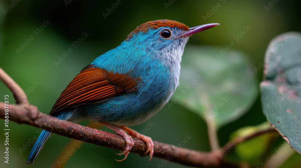Obraz premium Vibrant small bird perched on a thin branch in lush green foliage