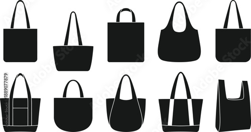Black Tote Bag Silhouette Vector Set – Reusable Shopping and Fashion Accessory Illustration