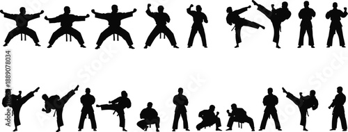Large Collection of Martial Arts Karate Silhouettes Featuring Fighters in Various Combat Poses Kicking Punching and Defensive Stances for Sports Fitness and Discipline Concept Background