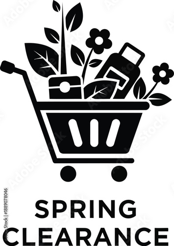An image depicting a shopping cart filled with various items including plants, flowers, and cleaning supplies, with the text 'Spring Clearance' underneath.
