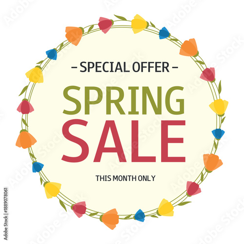 Spring Sale white background with flower wreath and text. Special Offer. Template for design, banner, flyer, poster, advertising, online store, shopwindow, promotion, sell-out.