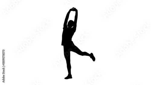 Female Fitness Silhouette Stretching and Balancing: Vector Illustration of Woman Exercising Arms Raised Overhead on White Background