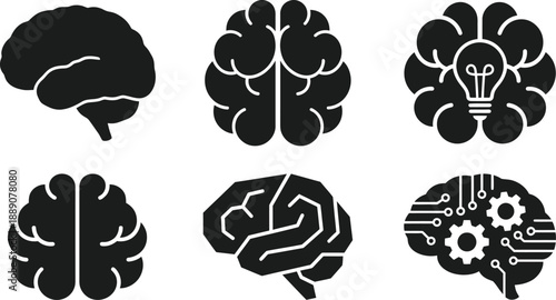 Human Brain Silhouette Vector Set – Black Mental Power and Intelligence Illustration