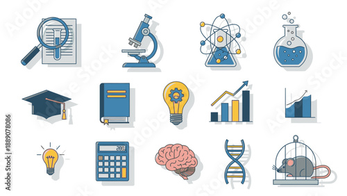 Flat lay of various science and education icons on a white background with a mix of blue, yellow, and gray colors.