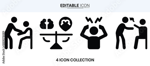 Four black icons depicting different human interactions support grief frustration and conflict