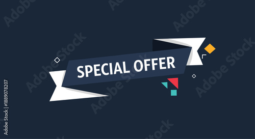 Special offer promotional banner with a dark navy ribbon and colorful geometric shapes for retail sales and discounts.