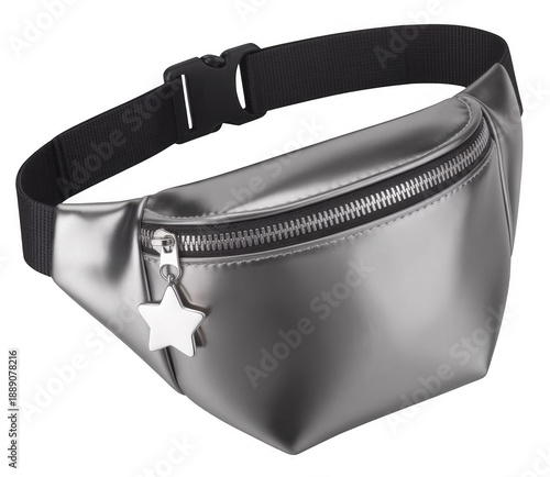 Silver fanny pack with star charm isolated on a transparent background