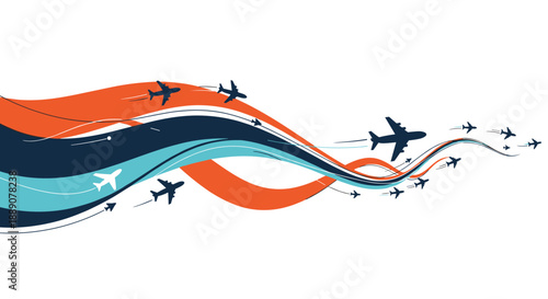 Multiple airplanes flying along dynamic colorful wavy paths representing global travel flight routes and aviation network.