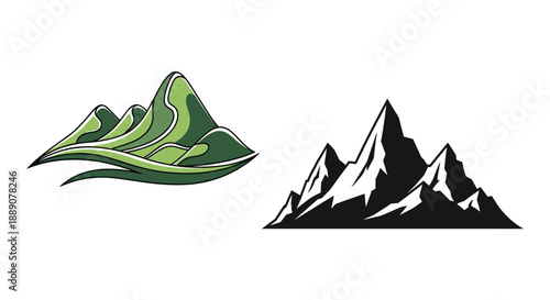 Mountain range icons in green and black colors representing nature peaks climbing adventures and outdoor travel landscapes.
