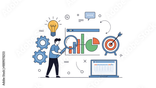 Illustration of a businessman analyzing data with graphs and charts, surrounded by gears, light bulb, and laptop on a white background with a modern and productive mood.