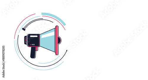 Colorful megaphone speaker icon for announcement marketing and social media broadcasting in creative circular graphic frame.