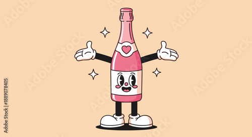 Animated Champagne Bottle Character Spreading Joy and Celebration, Perfect for Festive Invitations, Party Decorations, Events, or Social Media Content Featuring a Cartoon Style wit.