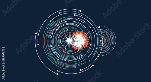 Complex abstract data visualization showing glowing concentric circles and lines for high technology and cosmic network concept.