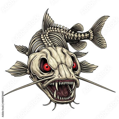 Skeleton catfish with red eyes and sharp teeth on white background for tattoo or mascot design