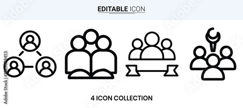 Four minimalist line icons depicting groups of people and a crescent moon